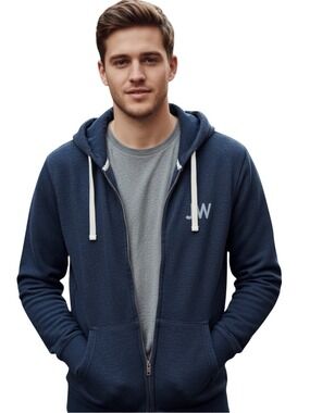 Jack Wills Men's Navy Zip-Up Hoodie with White Drawstrings